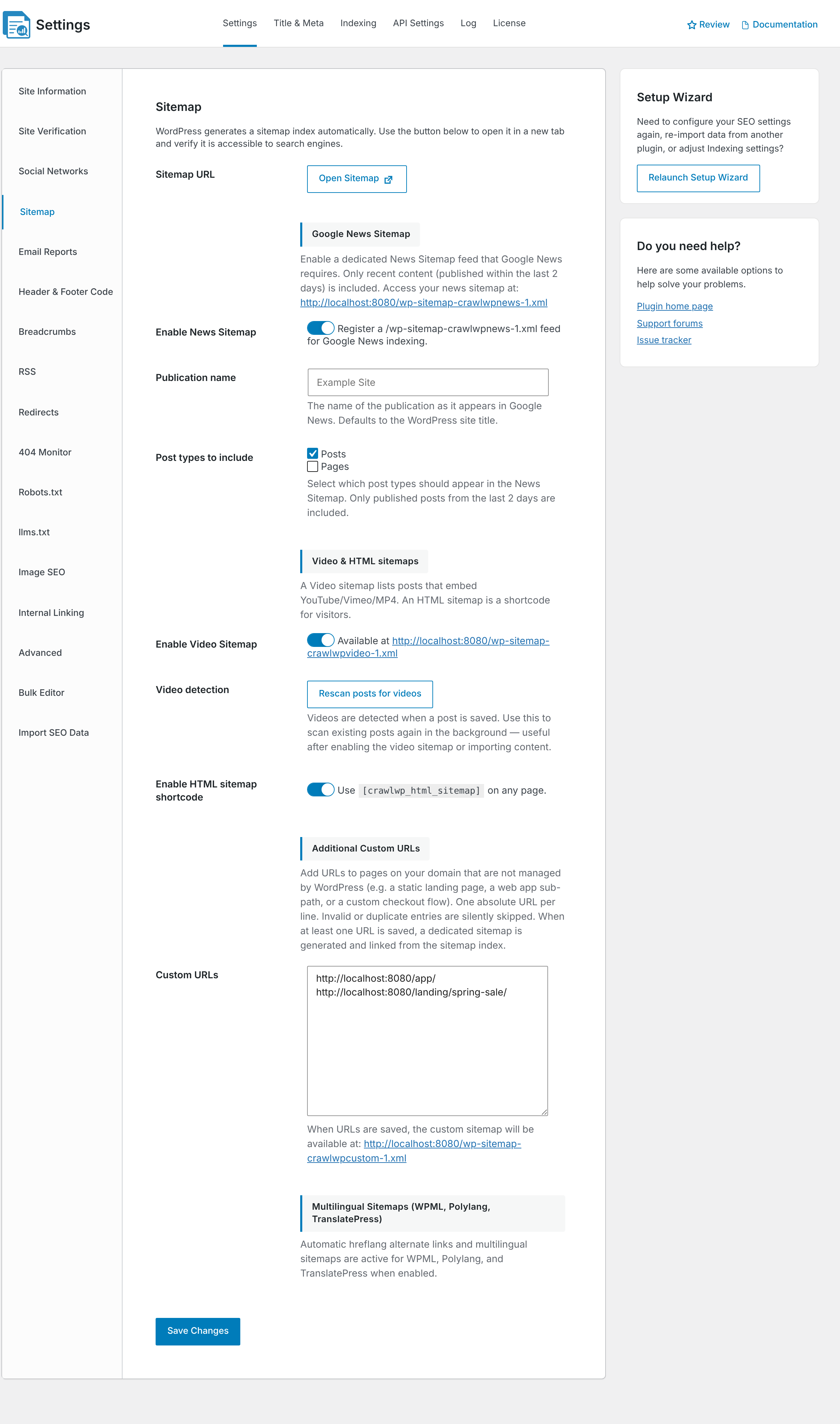 CrawlWP Sitemap settings showing the sitemap URL and Open Sitemap option