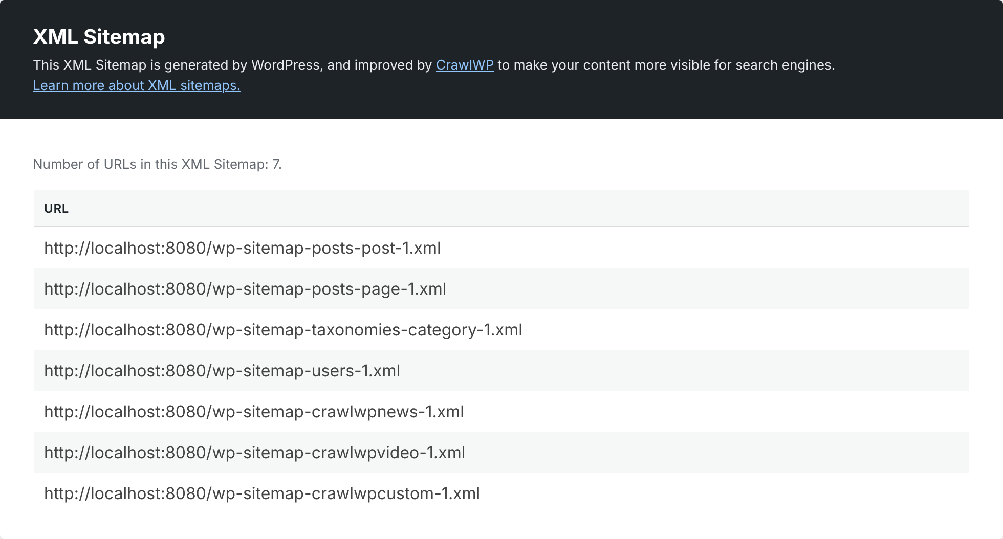 WordPress sitemap index displaying individual sitemap files
