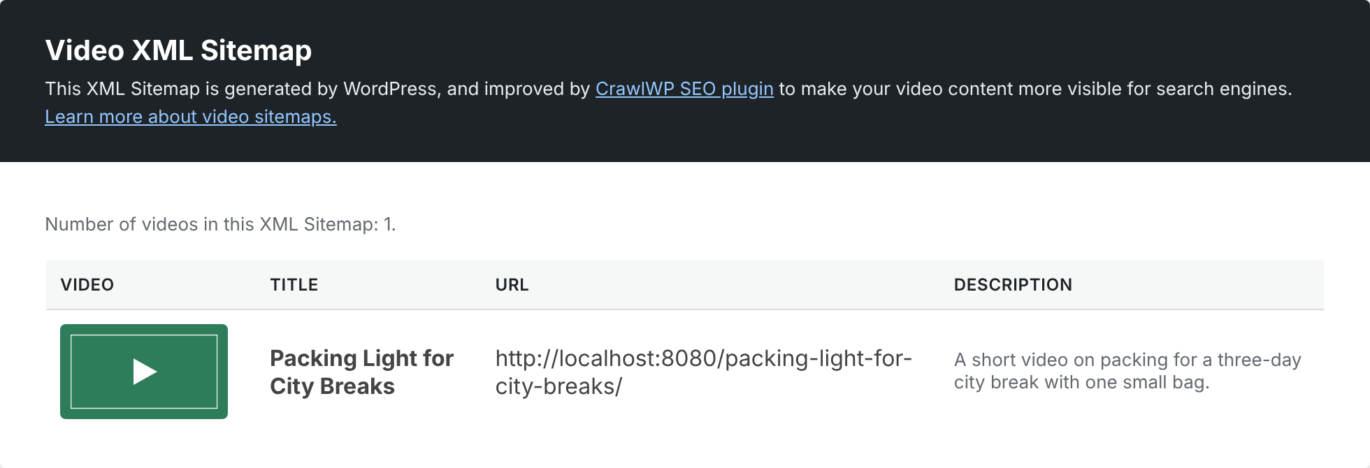 Example of a CrawlWP video sitemap in a browser