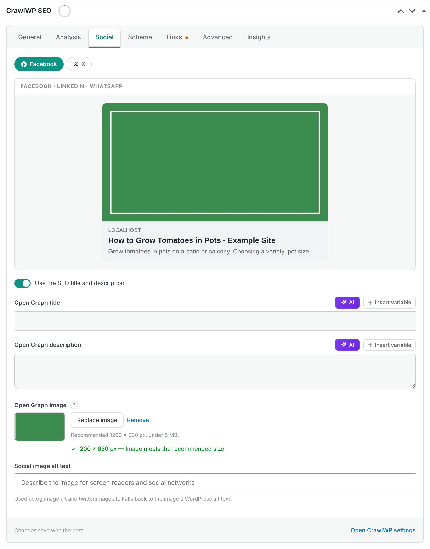 CrawlWP Social tab showing a custom Open Graph image