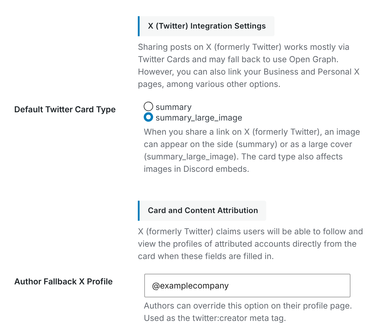 CrawlWP X Twitter Integration Settings and Card and Content Attribution settings