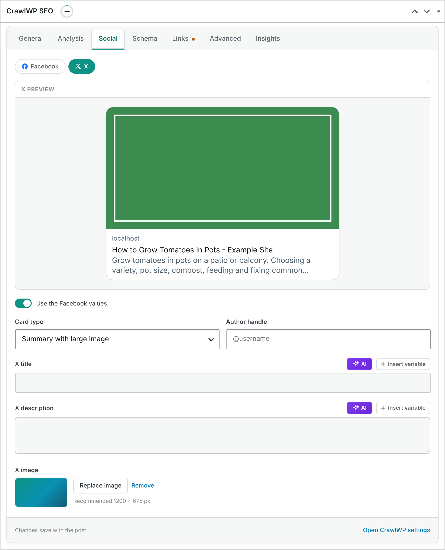 CrawlWP X section of the Social tab with card settings