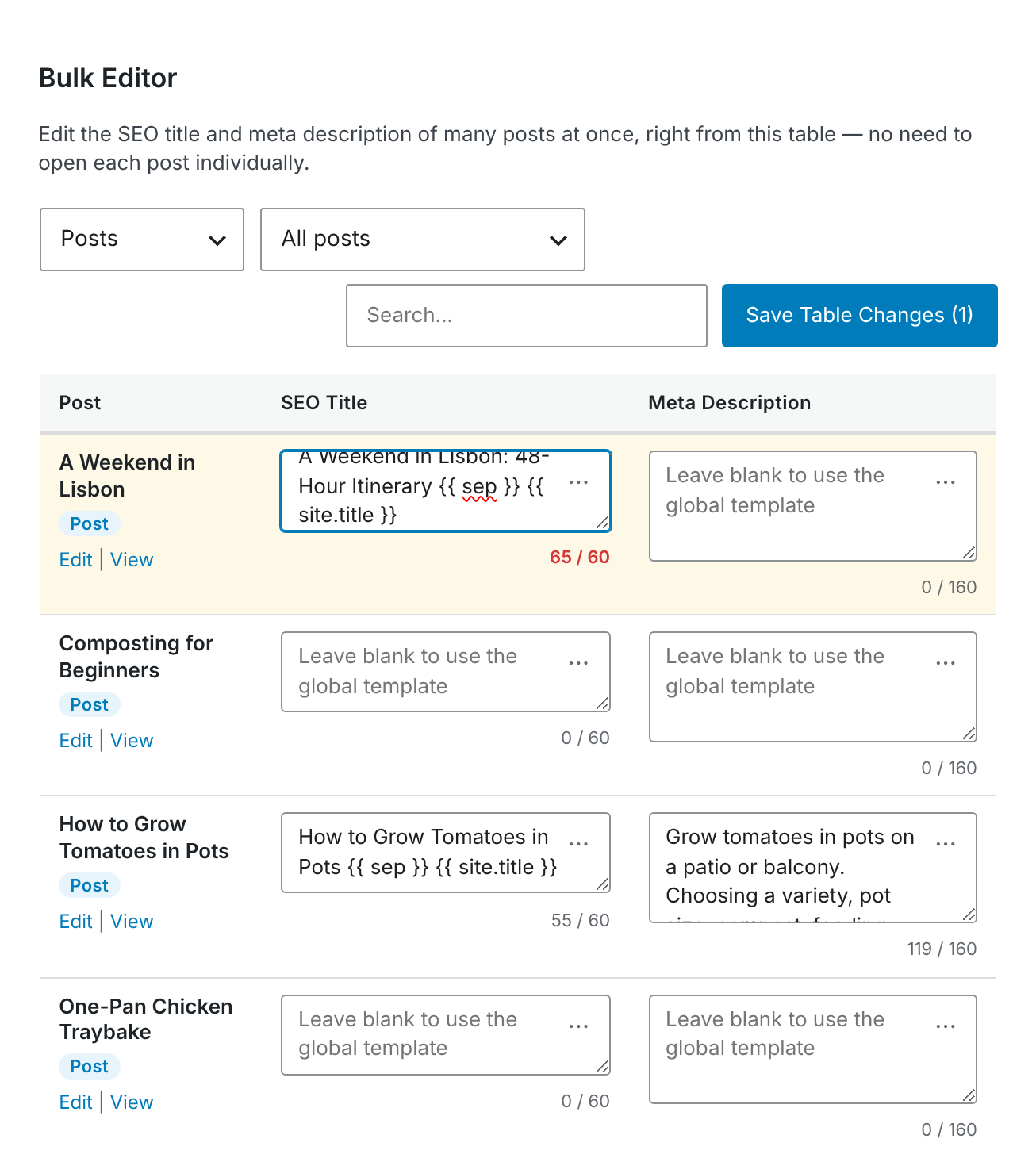 The Bulk Editor with one changed row