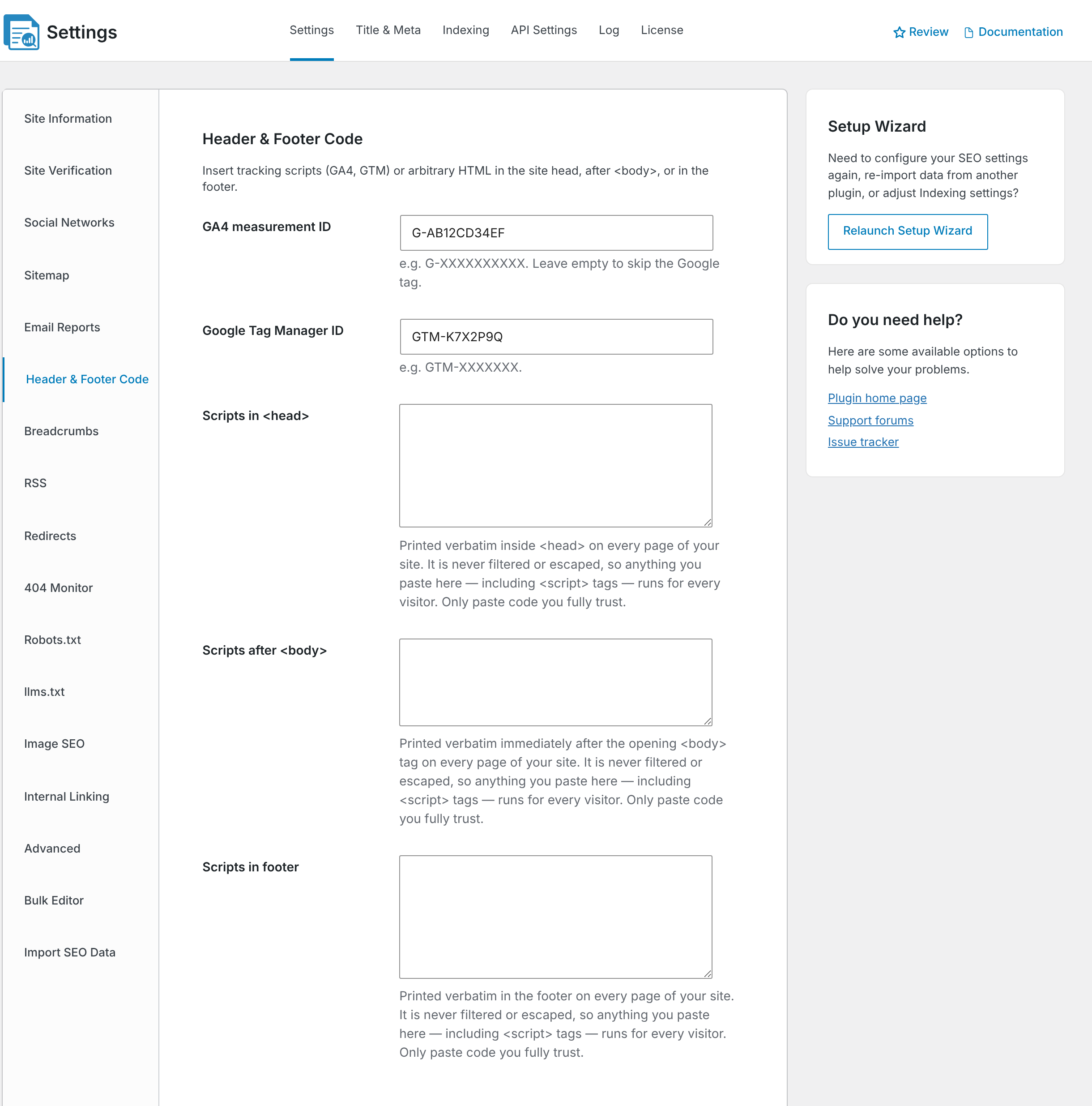 The Header & Footer Code settings