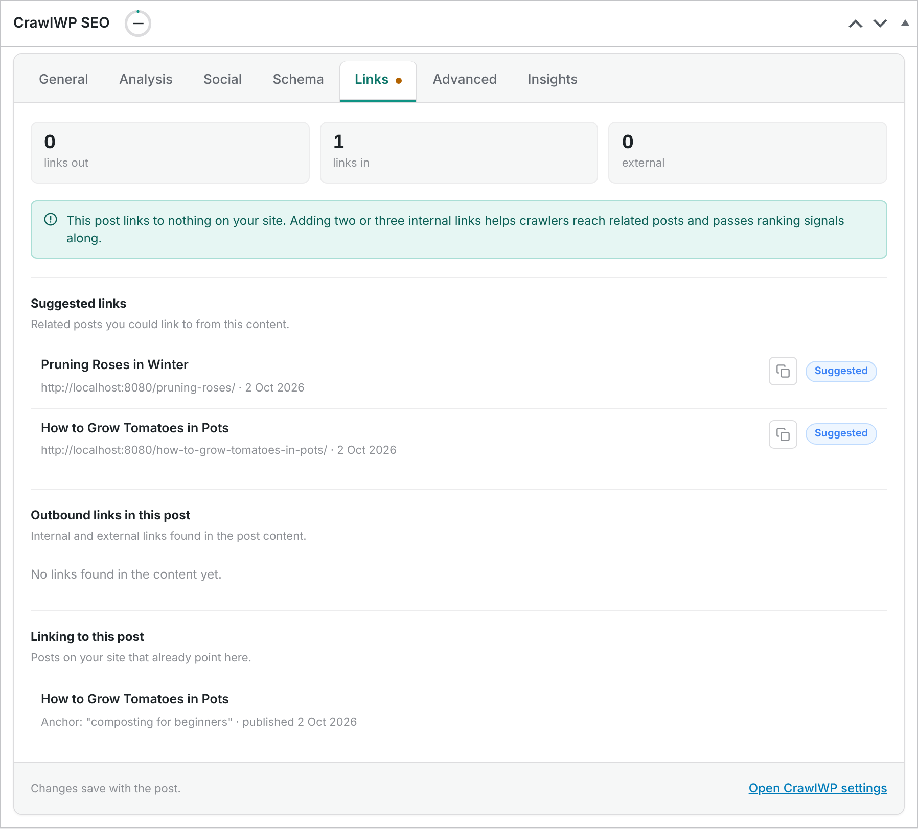 The Links tab in the CrawlWP SEO box