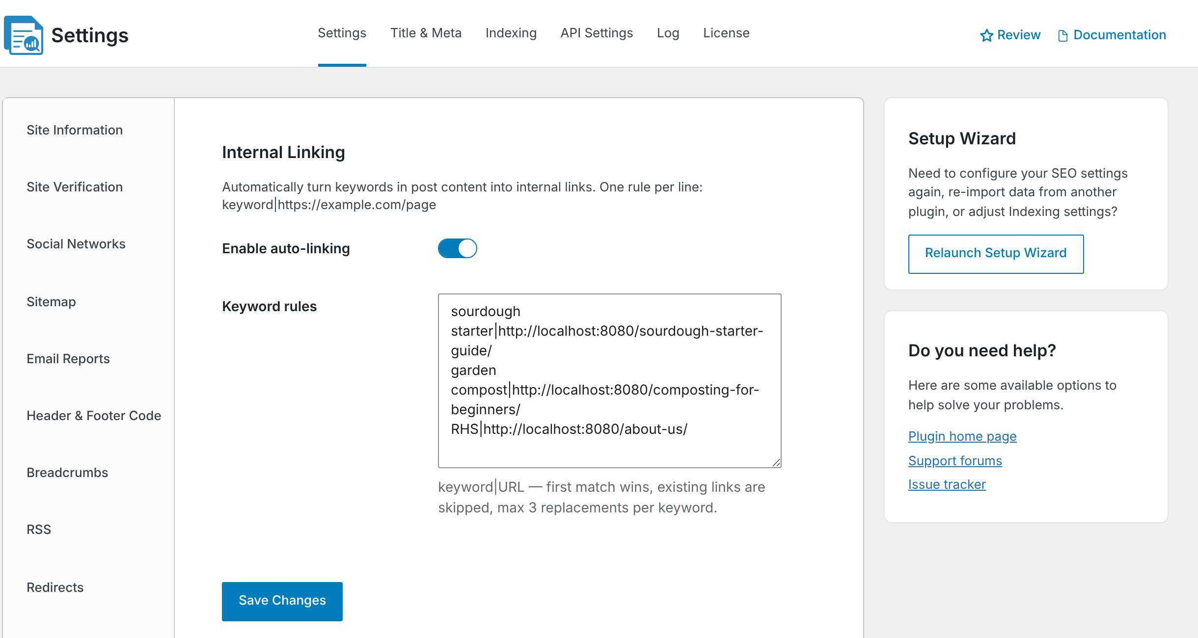 The Internal Linking settings