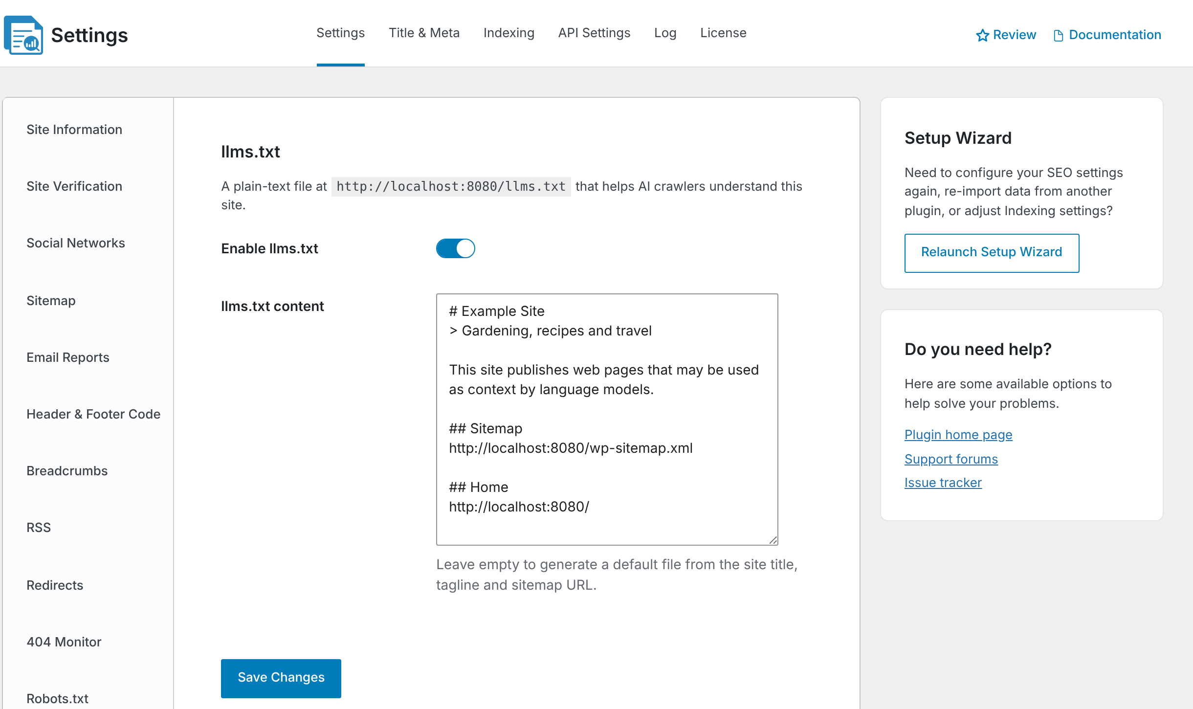 The llms.txt settings