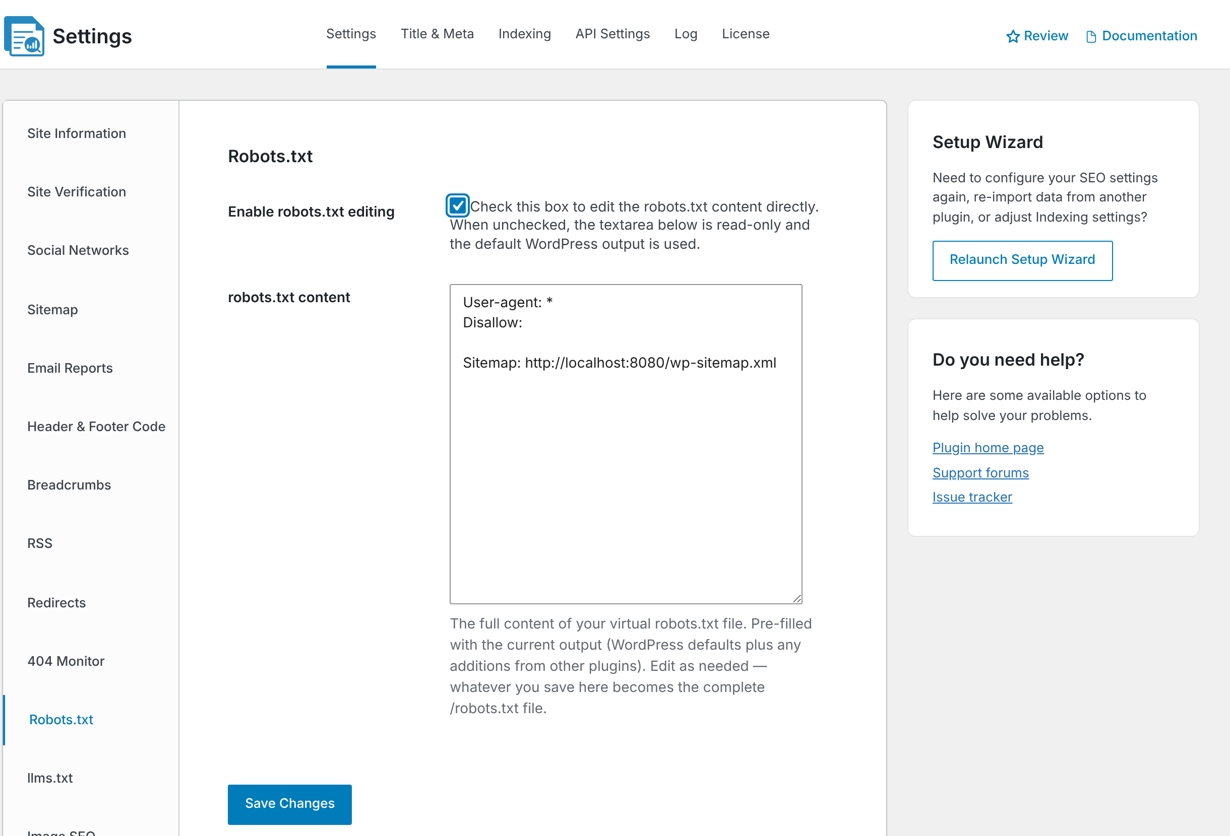 The Robots.txt settings with editing enabled