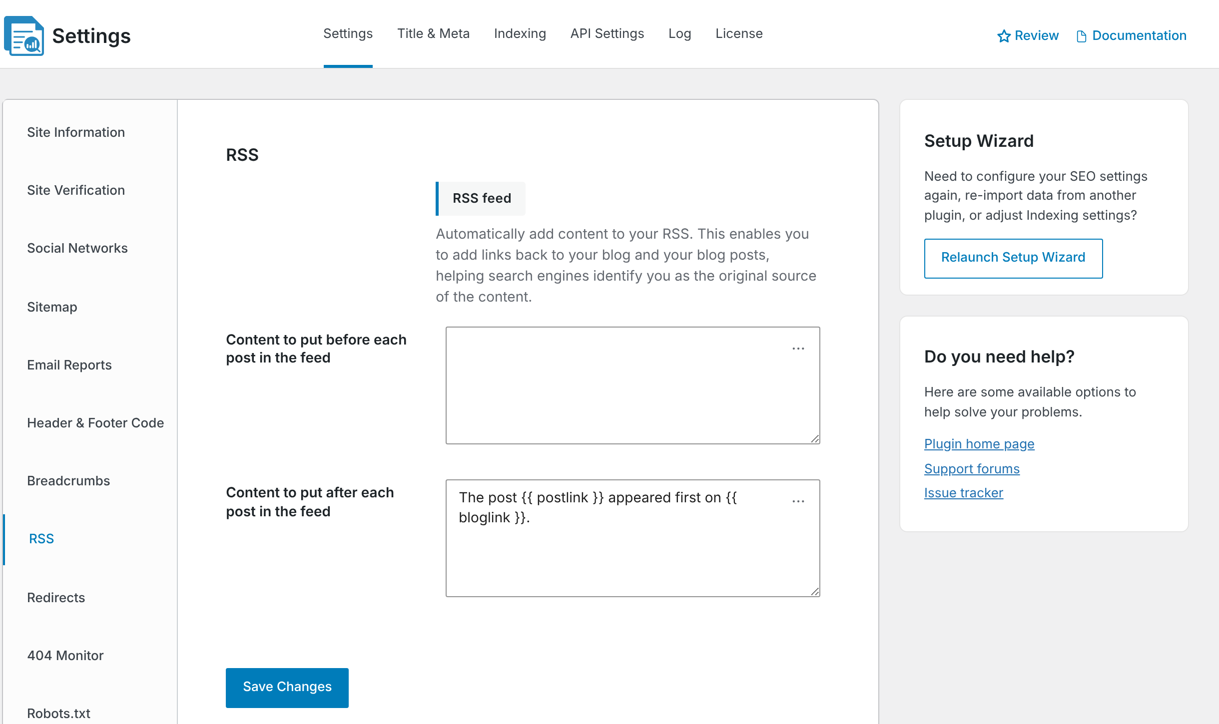 The RSS settings