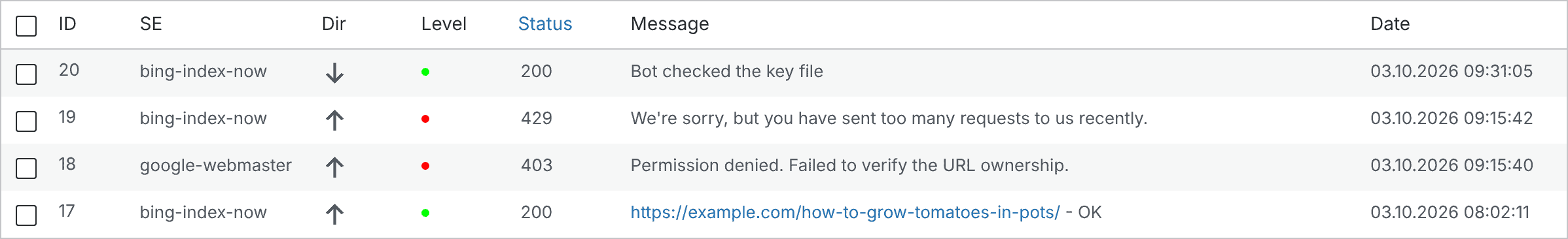 Two failed indexing submissions in the CrawlWP log