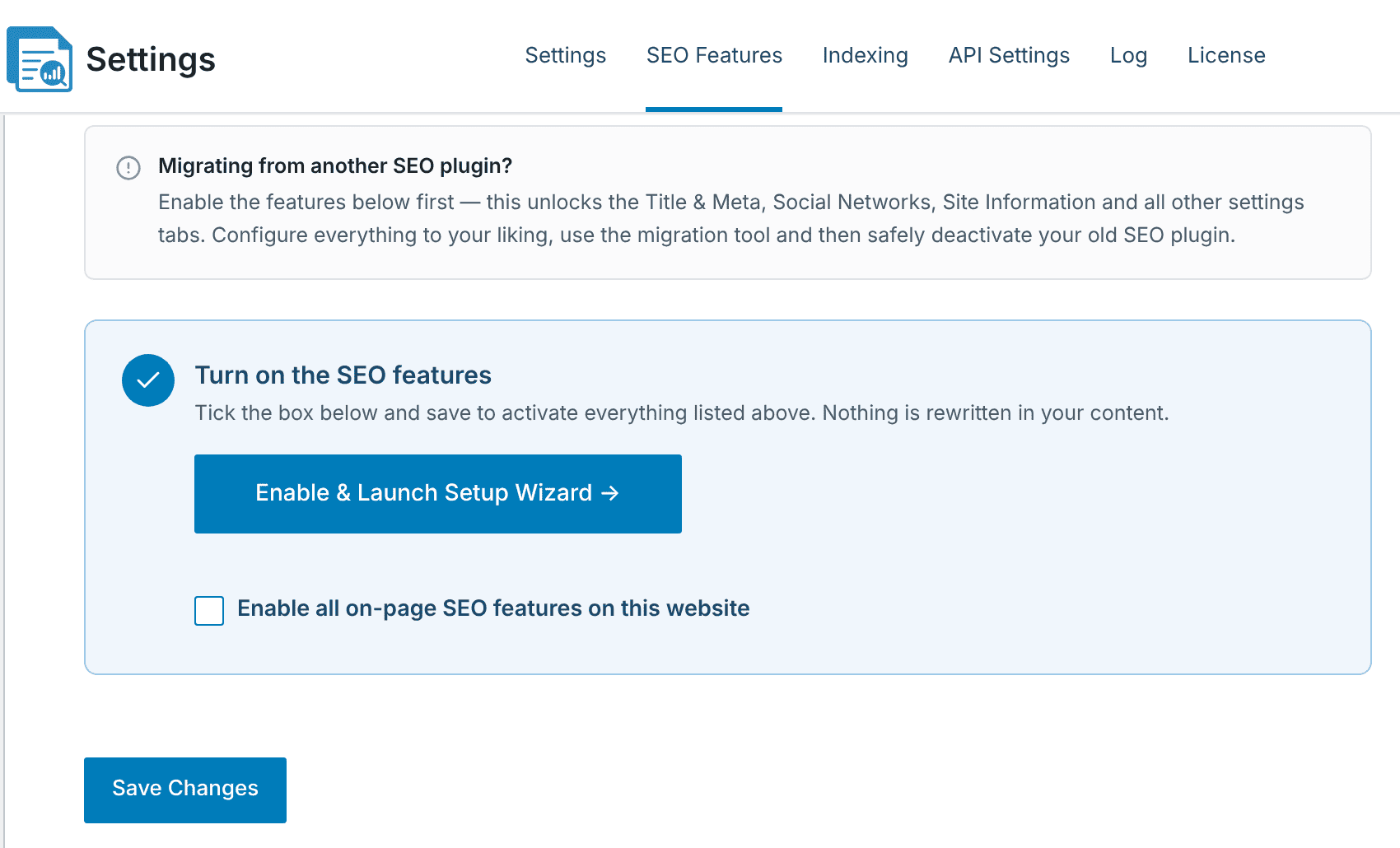 The SEO Features tab with the on-page SEO features switched off