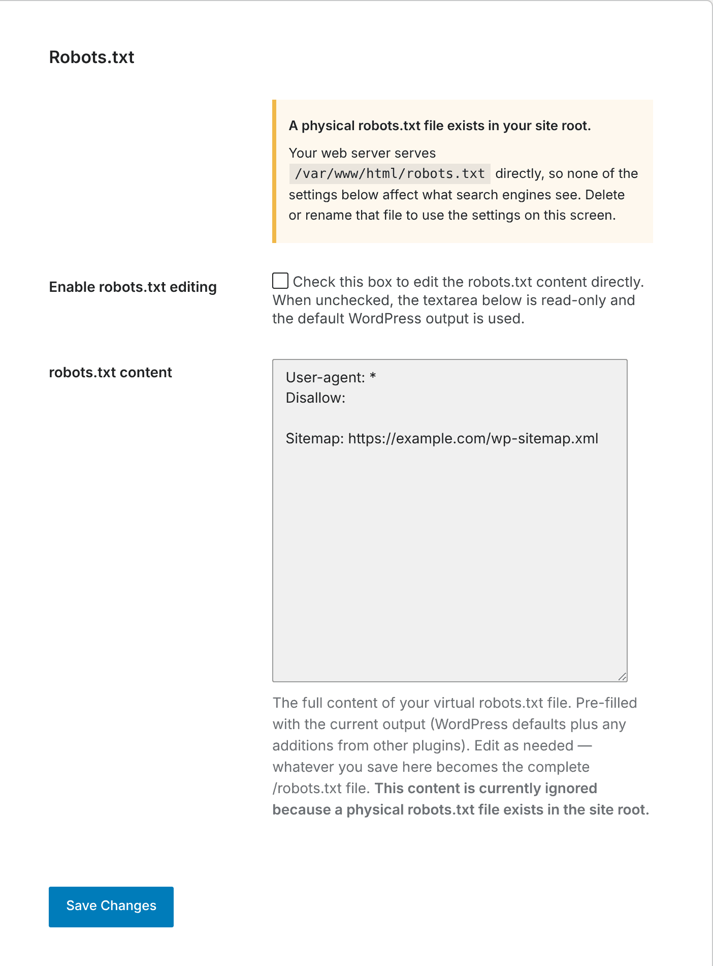 The Robots.txt screen when a physical file exists
